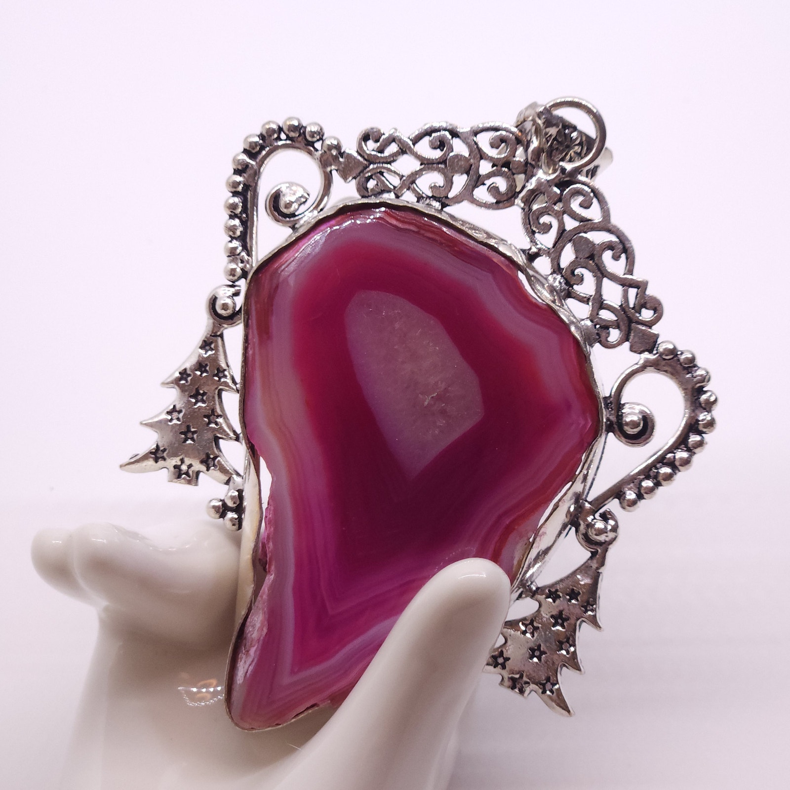 Pink Banded Agate Statement Pendant On Sterling Silver Chain